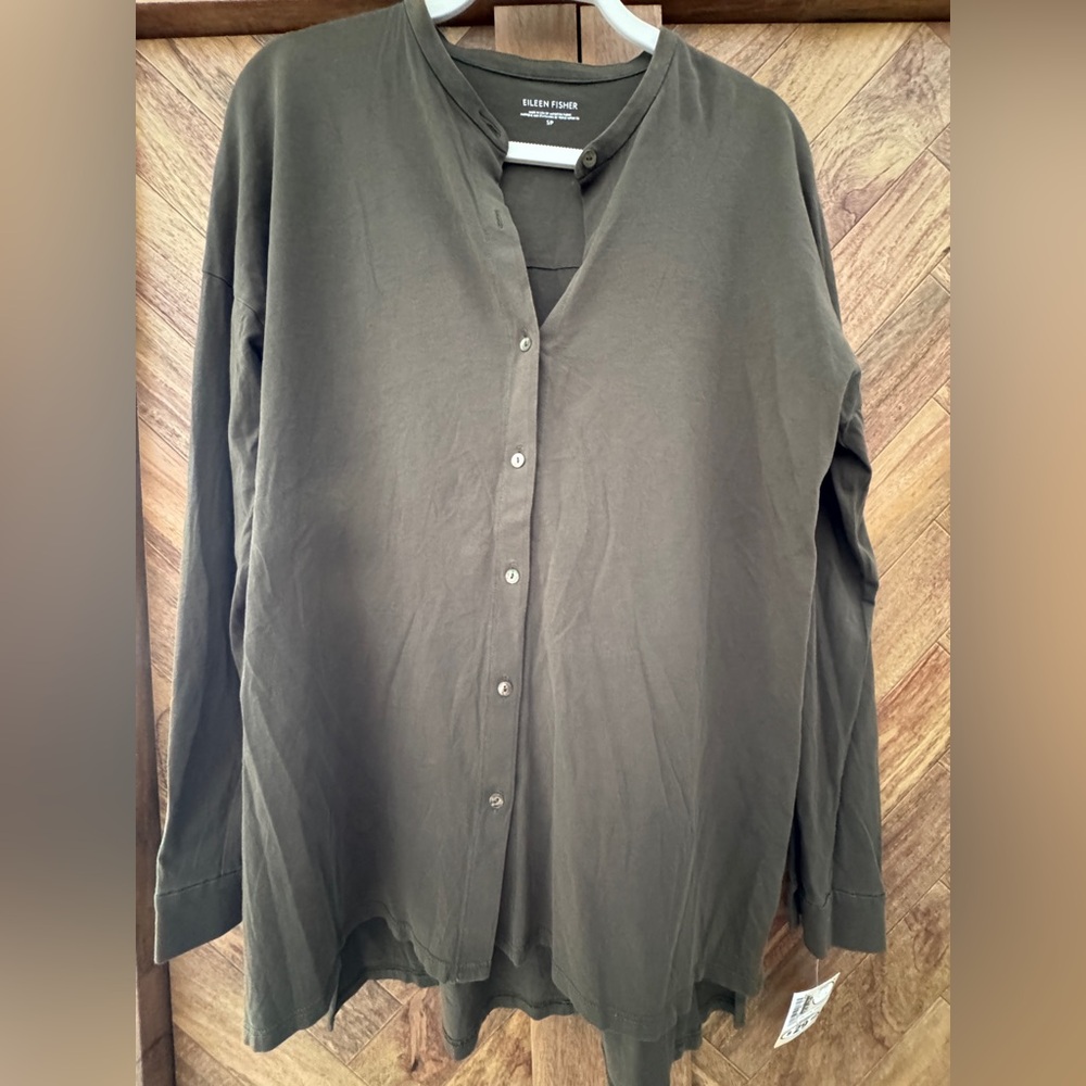 Eileen Fisher Khaki Button-Up Blouse Mandarin Collar organic cotton